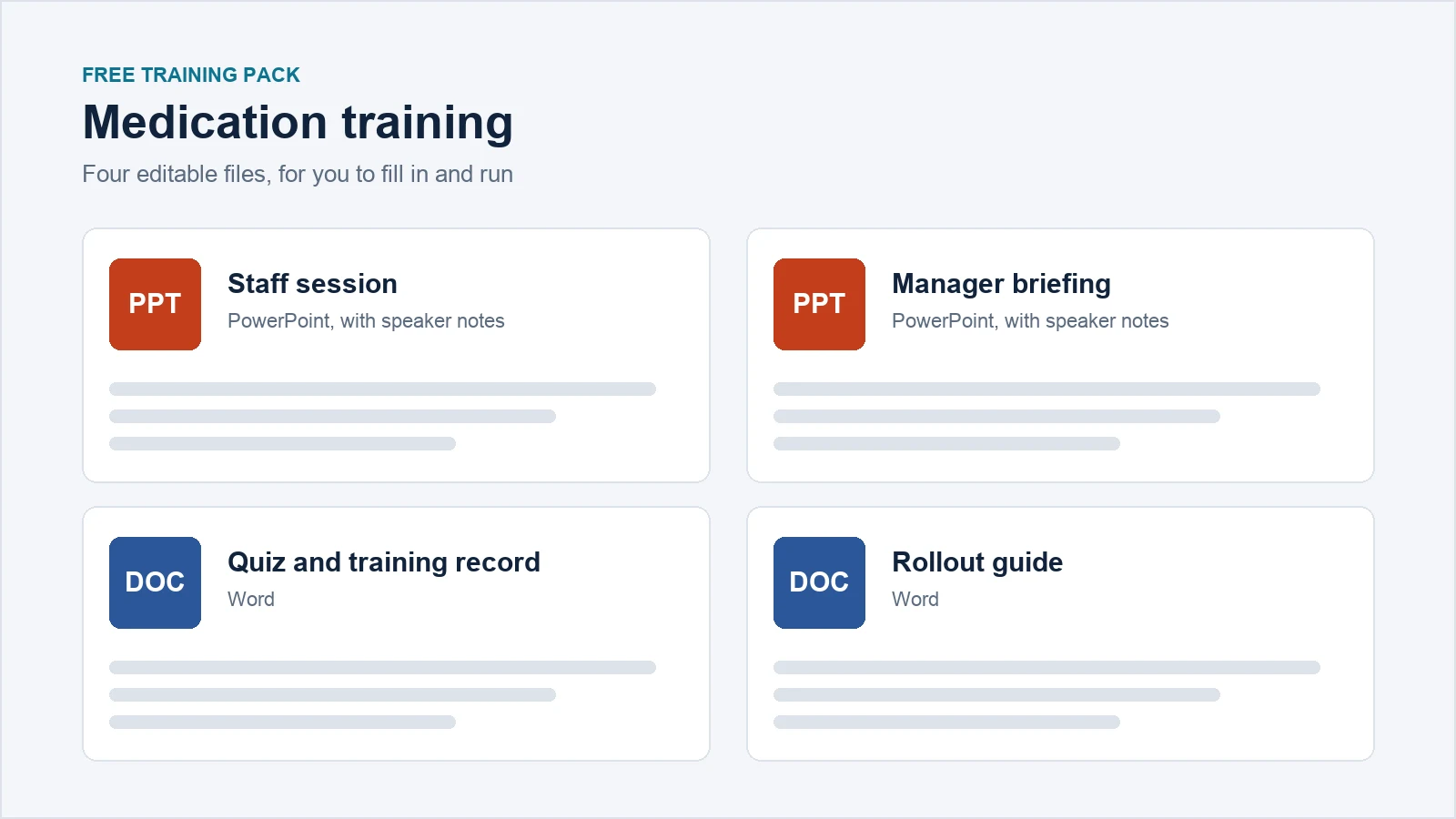 The four files in the free medication training pack: a staff session and a manager briefing in PowerPoint, and a quiz with a training record and a rollout guide in Word.