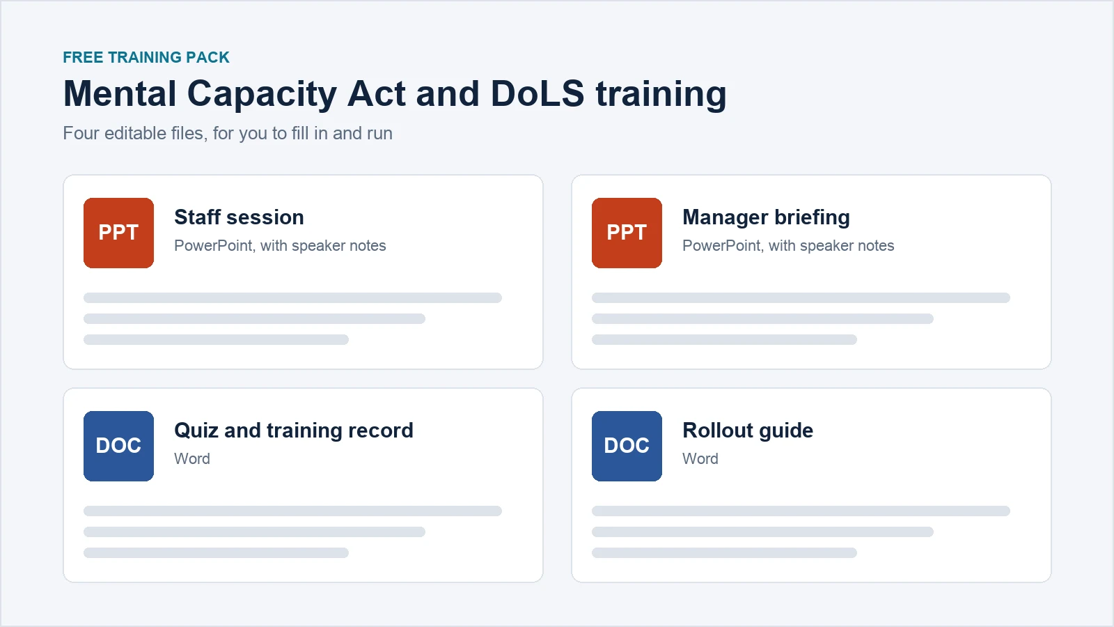 The four files in the free Mental Capacity Act and DoLS training pack: a staff session and a manager briefing in PowerPoint, and a quiz with a training record and a rollout guide in Word.