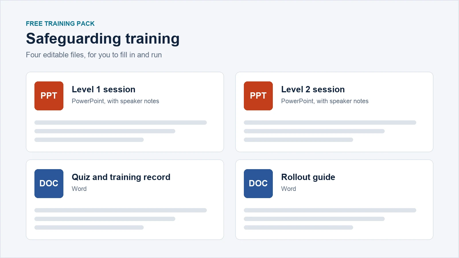 The four files in the free safeguarding training pack: a Level 1 session and a Level 2 session in PowerPoint, and a quiz with a training record and a rollout guide in Word.