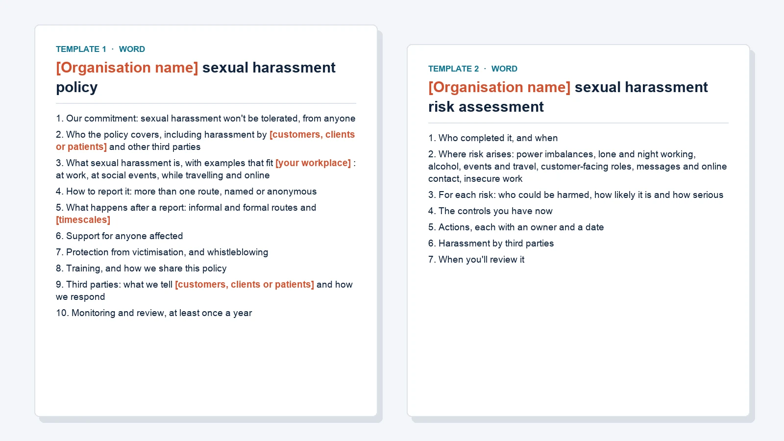 The first page of each template: the sexual harassment policy and the sexual harassment risk assessment, with the parts to fill in marked in orange.