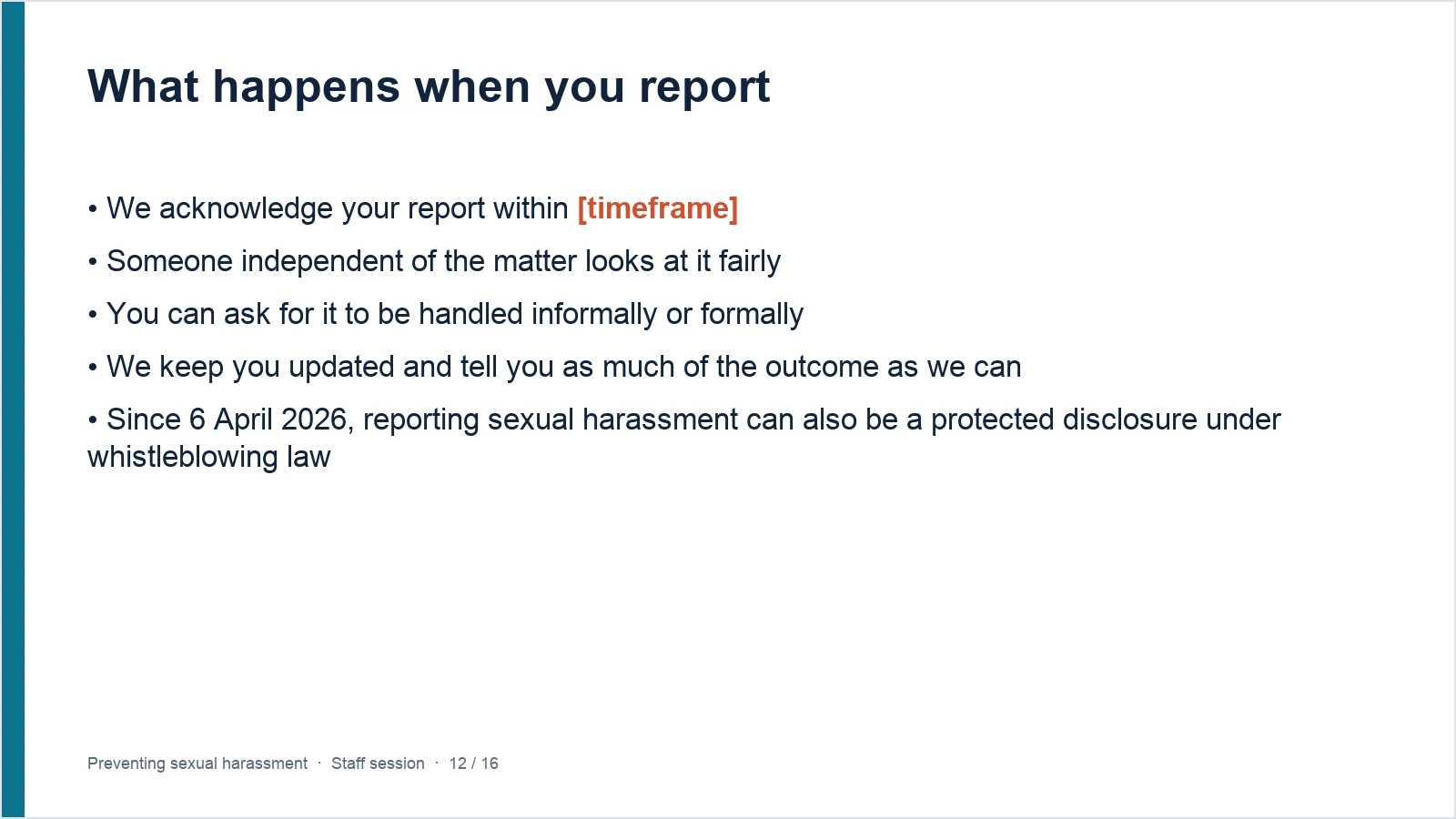 A slide from the staff session, What happens when you report, with the timeframe marked in orange for you to fill in.